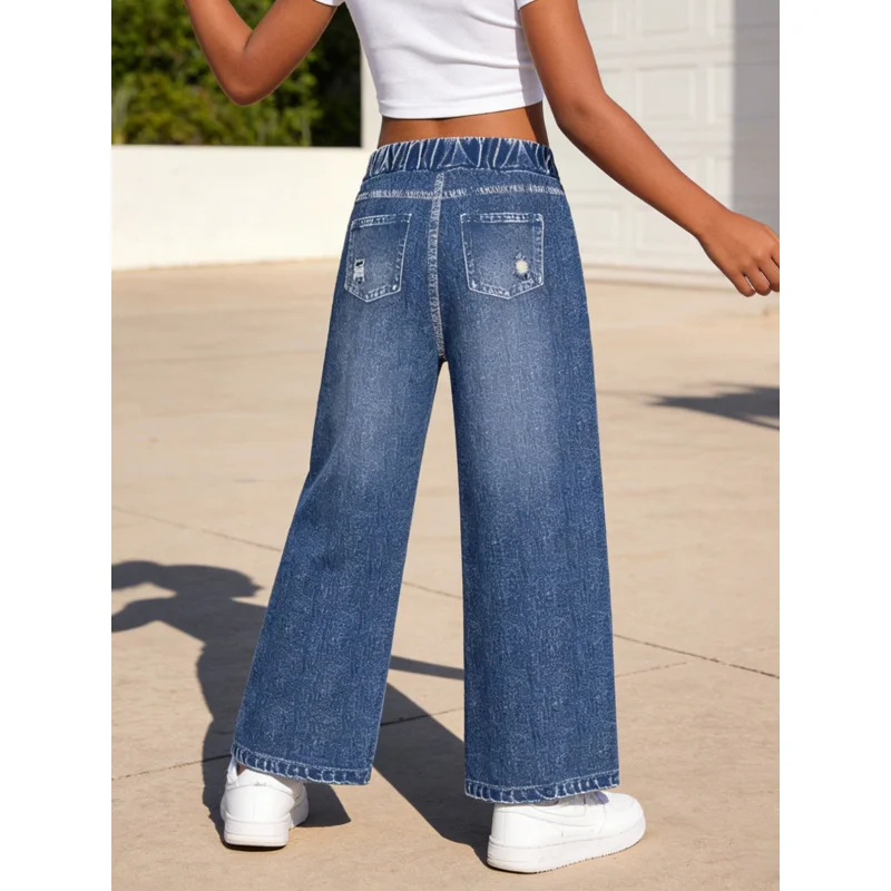 2026Children's Light Blue Faux Denim Multi-Color Heart Elastic Waist Wide-Leg Pants Distressed with Holes