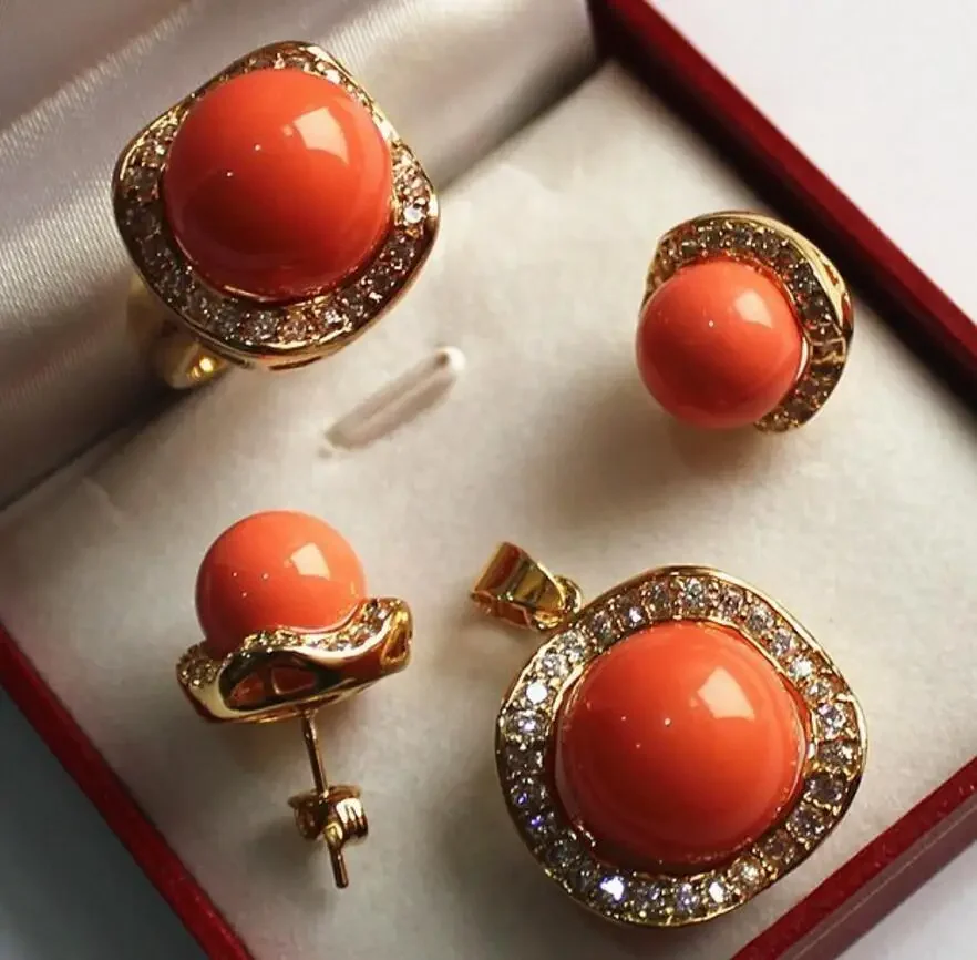 wholesale noble jewelry set 18KGP+12-14mm orange shell pearl,ring, pendant & stud earring jade