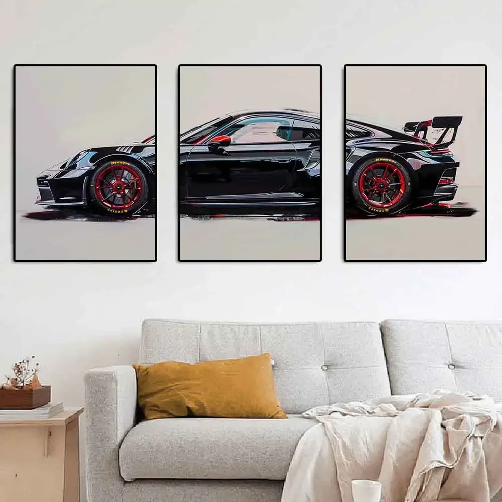 سيارة رياضية فائقة شعبية عصرية GT3 RS جرافيتي جدار الفن، ملصق مطبوع قماش عالي الدقة، المنزل، غرفة المعيشة، ديكور الغرفة