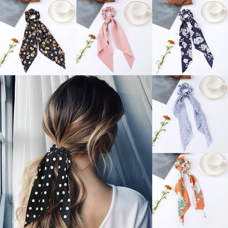 Fashion Flower Print Bow Satin Long Ribbon Ponytail Scarf Tie Scrunchies Women Girls Elastic Bands Hair Accessories