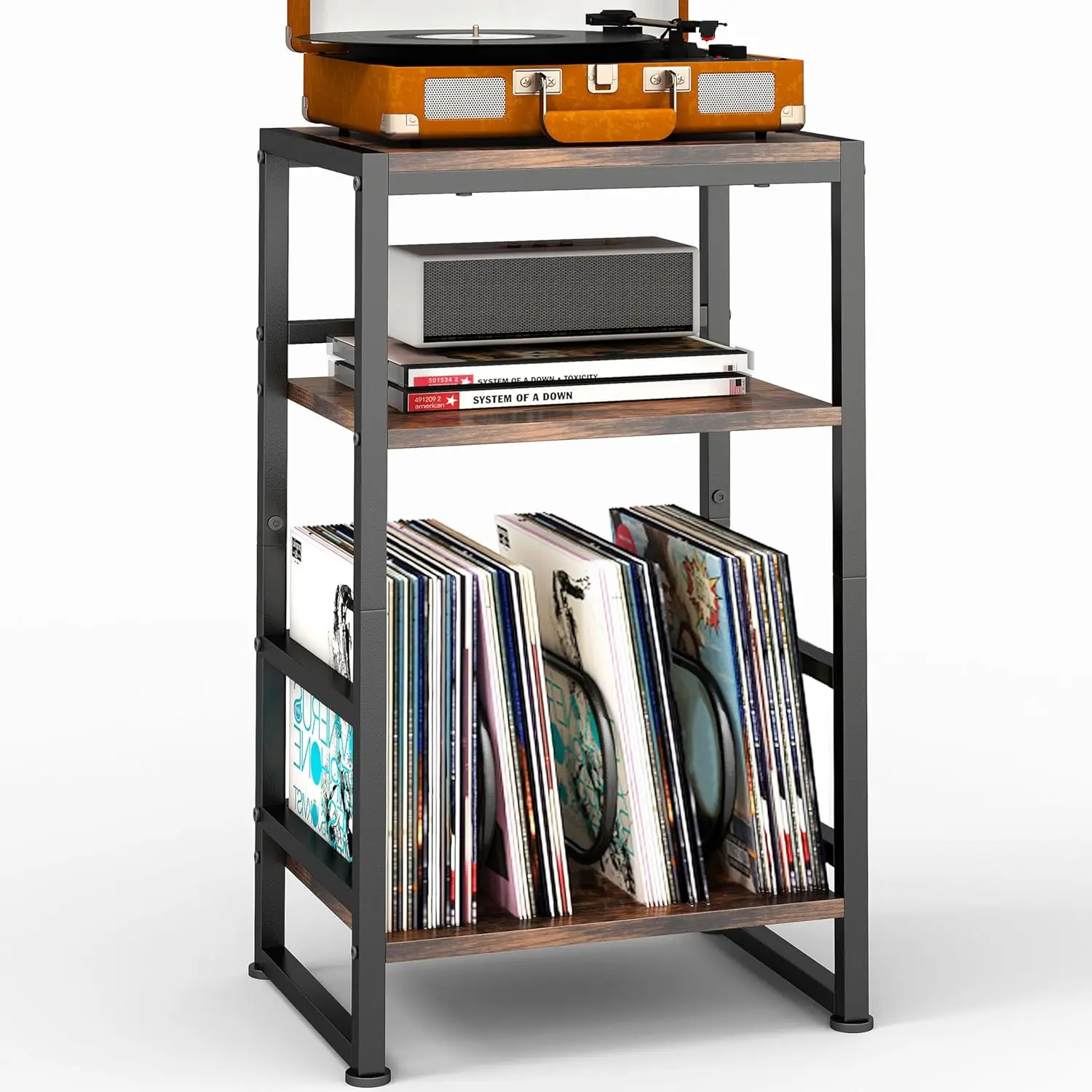 

Трехуровневая подставка для виниловых пластинок, приставной столик для хранения альбомов, высота 28 дюймов, вмещает до 120 альбомов, деревенский коричневый цвет, приставной столик.