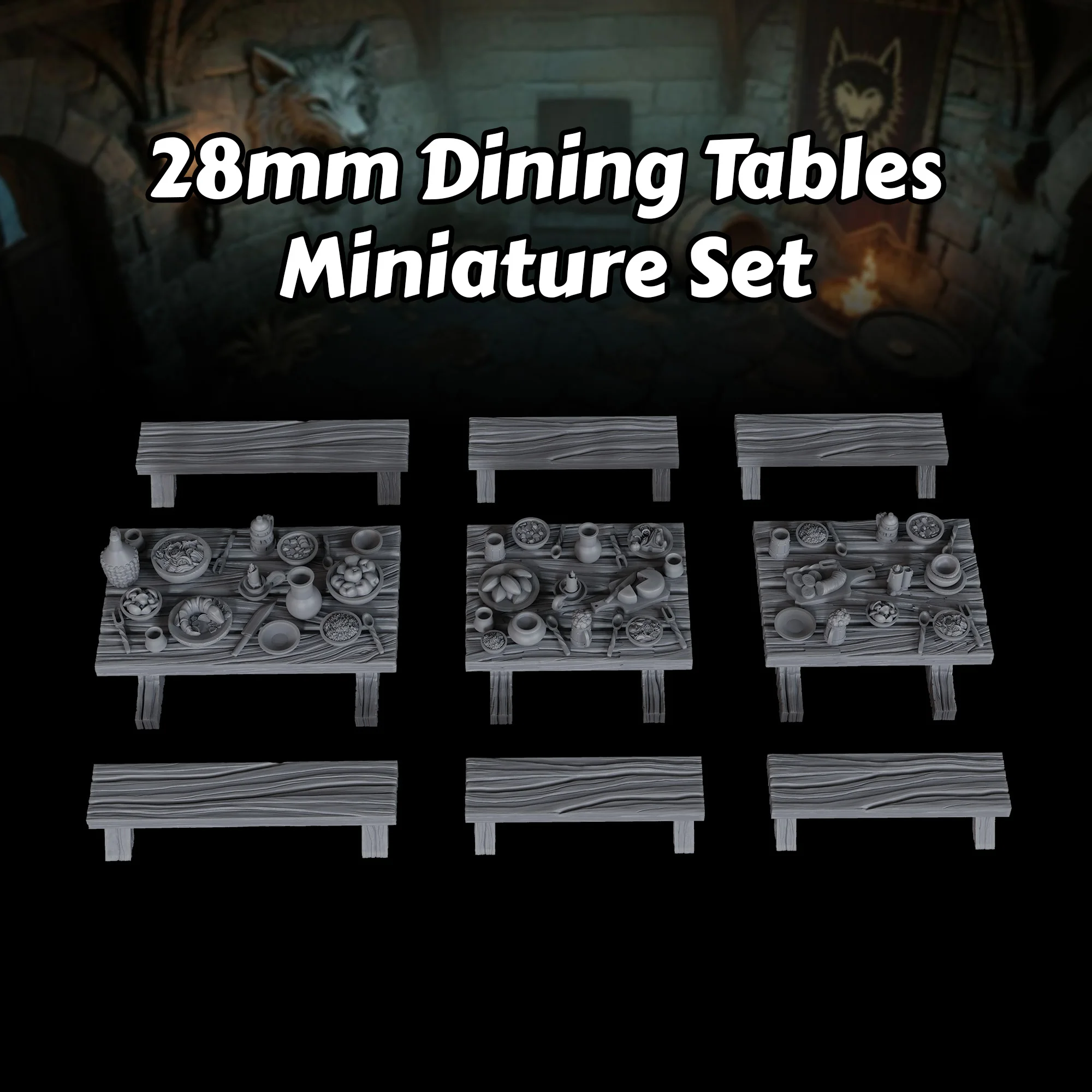 

RPG Dining Tables Miniature Set - Tavern & Banquet Terrain Furniture for Immersive TRPG, TTRPG Roleplaying Accessories