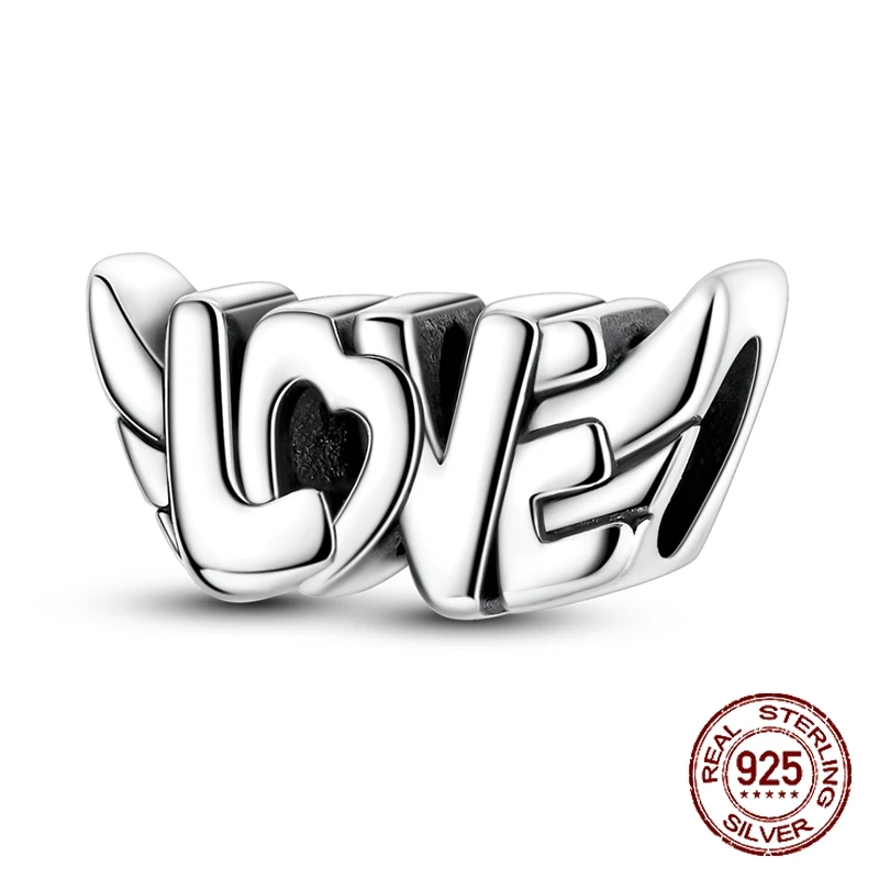 

925 Sterling Silver Angel Winged LOVE Beads Pendant Minimalist Charm Fit Original Charm Bracelets Women DIY Jewelry Gift
