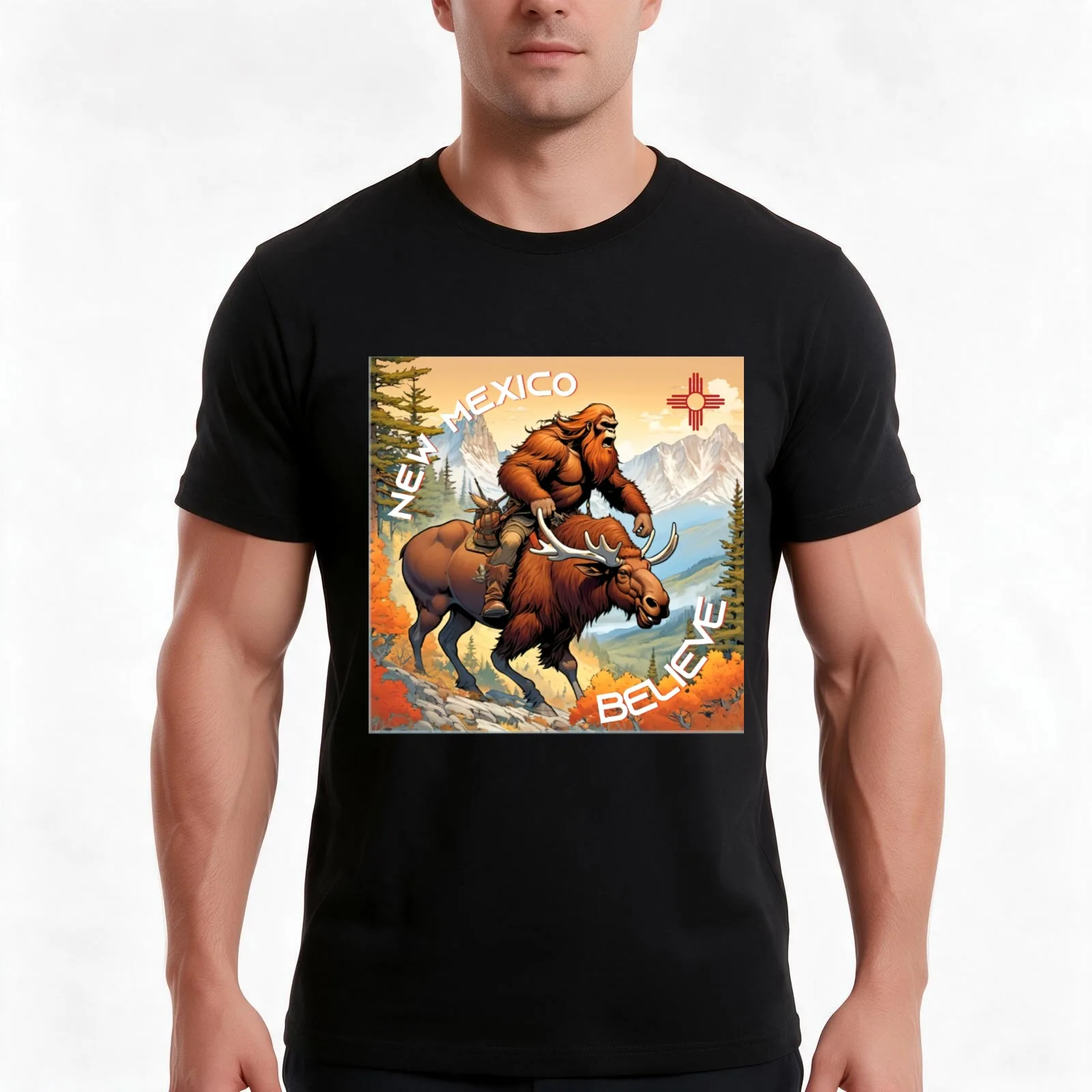 Bigfoot rides the infamous Marty Moose in the Sangre de Cristo mountains of Northern New Mexico T-Shirt Vintage Graphic Print