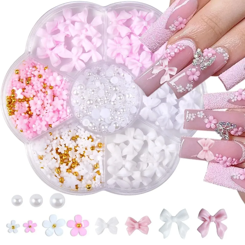 3D-Nagelkunst-Dekorationen mit Schleife und Blumen aus Stahlperlen und Kunstperlen, Band-Nagel-Charms, Y2K-Schleife, Maniküre-Zubehör