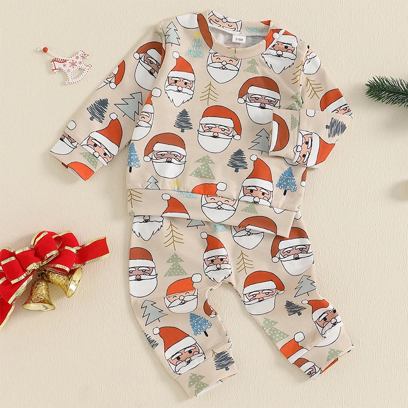 Baby 2-delige herfstoutfit Kerstman Kerstboomprint Sweatshirt met lange mouwen en elastische broek voor pasgeborenen