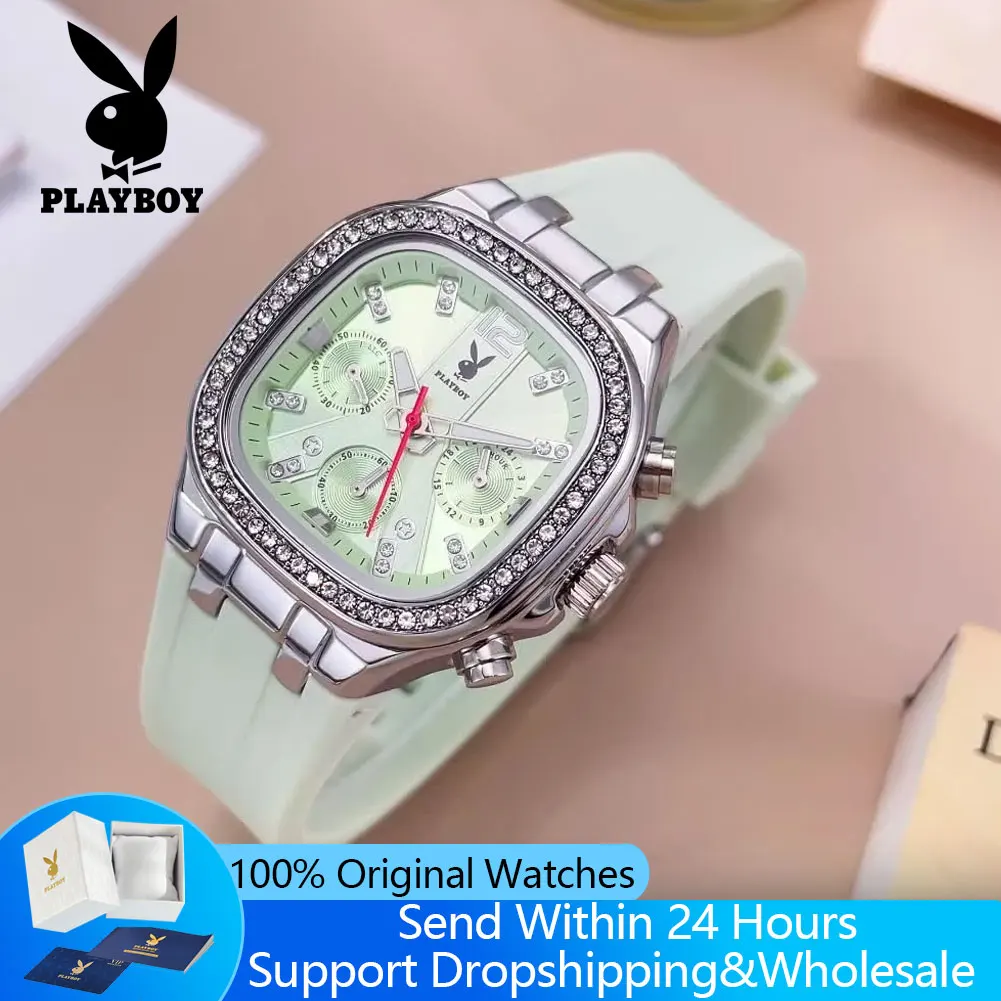 PLAYBOY 3076 Chronograph Quartz Watches for Women Waterproof Luminous Elegant Silicone Strap Diamond Bezel Luxury Ladies Watches