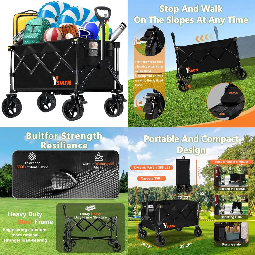 All-Terrain Folding Utility Wagon with Large Capacity for Shopping, Beach, and Sports, 150L, Black