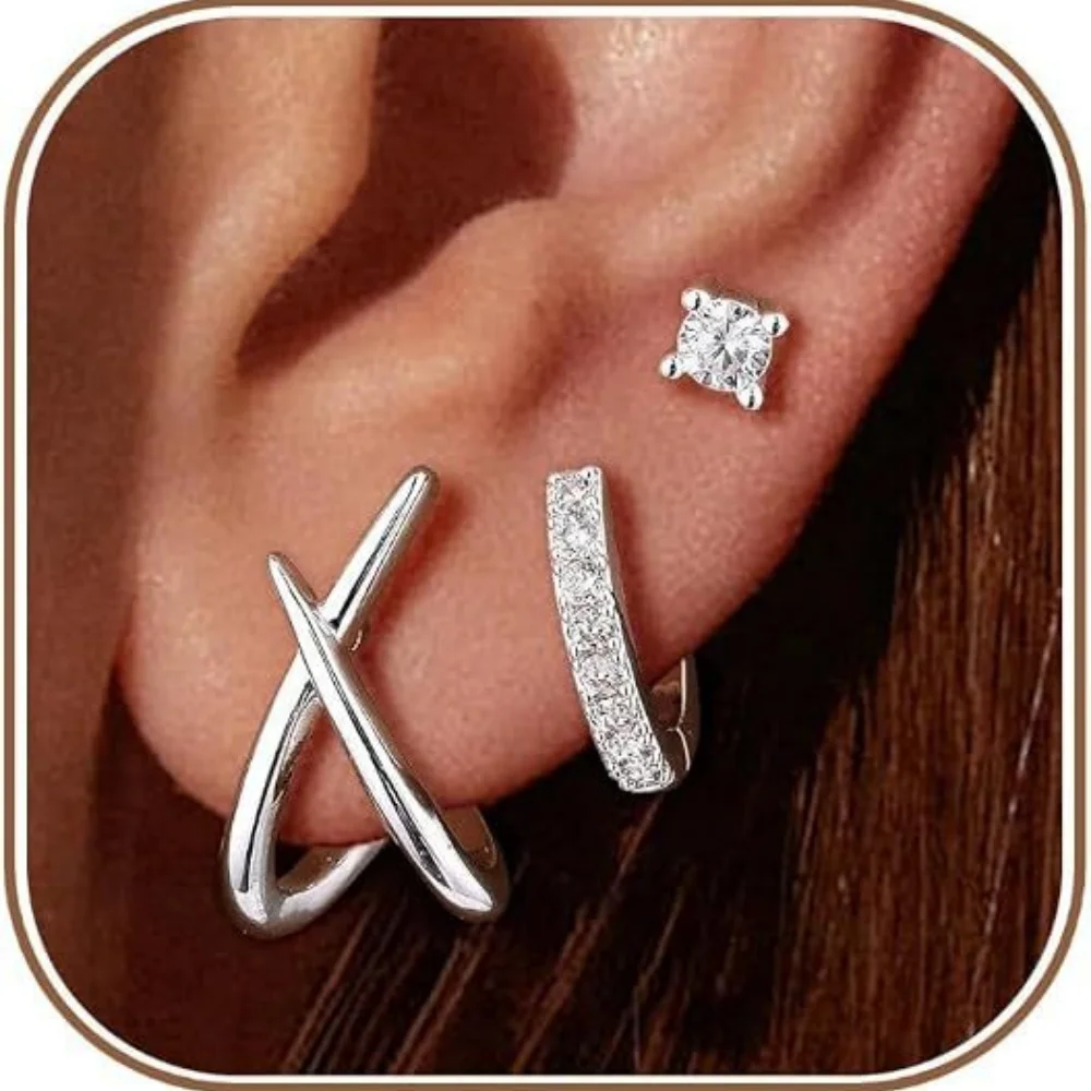 14K Gold Plated 3Pcs Earring Set for Women X‑Shape Cross Zircon Hoop Earrings Copper Gold Plated Luxury Fashion Ear Jewelry Gift