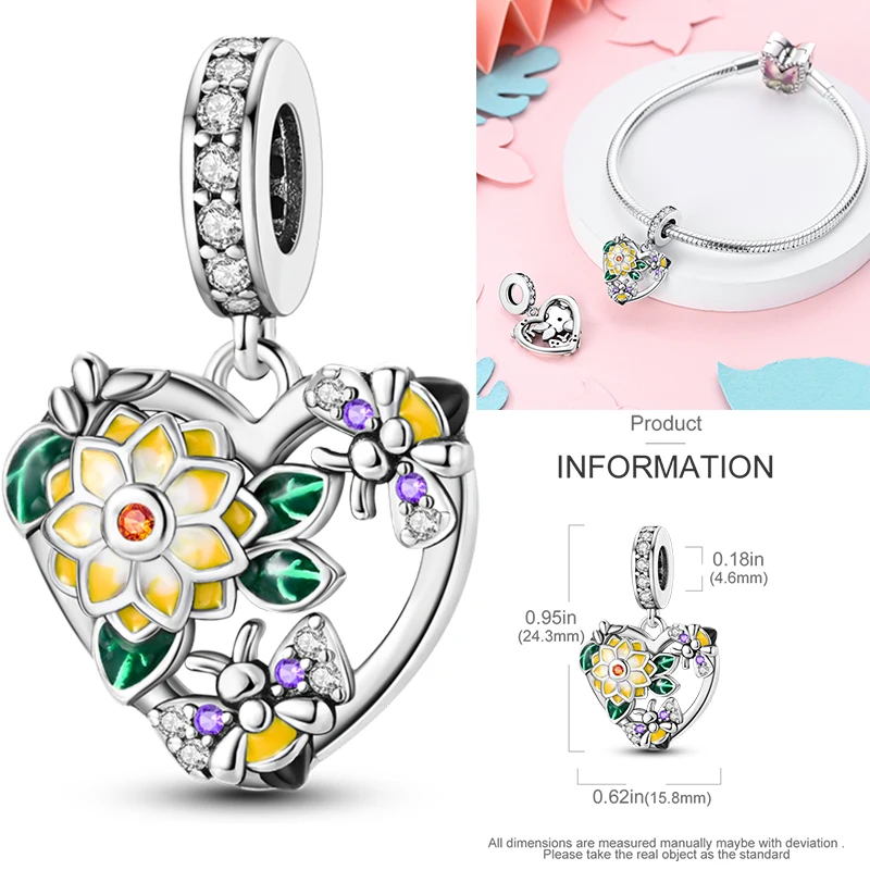 Katzen- und Sonnenblumen-Charm aus 925 Sterling Silber, gelbe Blume, Sonnenblume, Hausperlen, passend für Original-Armreifen, Damen-DIY-Schmuck – Detail 28