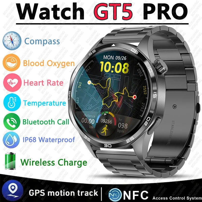 스마트 워치 남성용 블루투스 통화 GPS 궤적 NFC 심박수 나침반 스마트워치, AMOLED HD 스크린, GT5 프로, 2024 신제품 