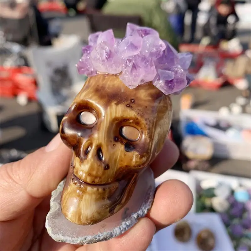 

Natural Crystal Jade Amethyst Cluster Skull Crystal Carved Reiki Healing Gemstone Figurine Crafts Home Decor Ornament Gift 1pcs