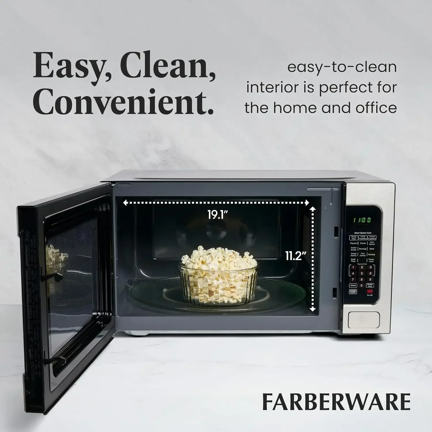 Farberware 1100W 2.2 cu ft Countertop Microwave Oven With Smart Sensor, LED Lighting, Child Lock - For Apartments and Dorms