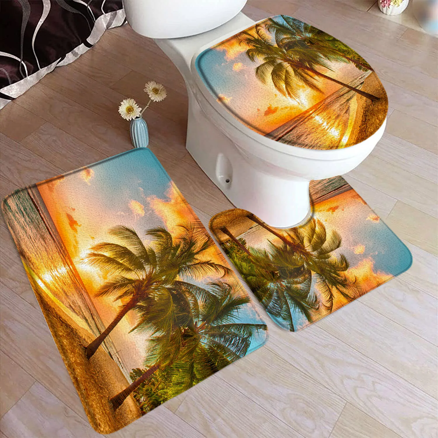 Ocean Beach Bath Mat Set Island Palm Trees Dolphin Fish Coral Nature Scenery Home Carpet Bathroom Decor Floor Rugs Toilet Cover