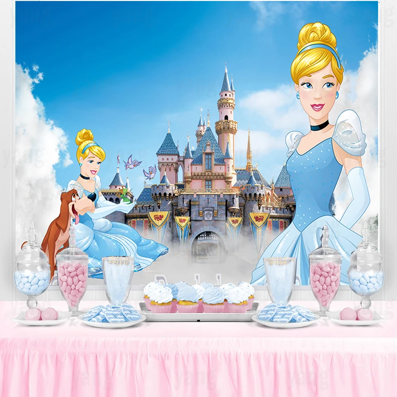 Disney Cartoon Custom Princess Castle Vinyl Cinderella Blue Dress Backdrop Princess Birthday Party Backdrop Photography Supplies