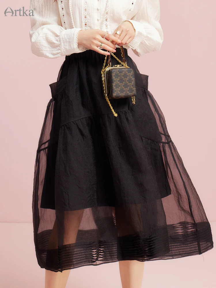 ARTKA 2023 Spring New Women Skirt Elegant Organza Midi Skirts With Pocket A-Line Elastic High Waist Black Skirt Female QA92031C