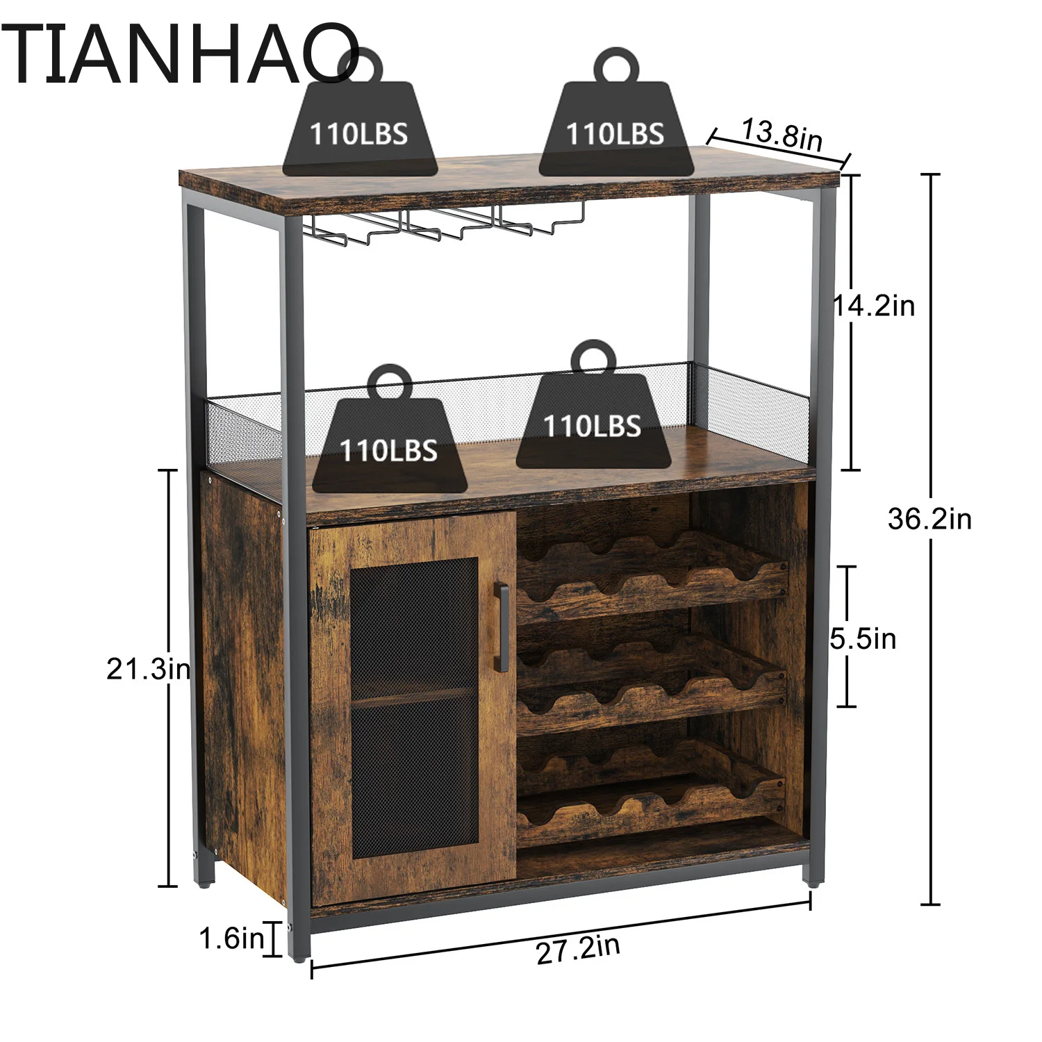 3-Tier Wine Bar Cabinet With Detachable Rack And Storage Space Buffet Cabinet With Glass Holder And Mesh Door For Home