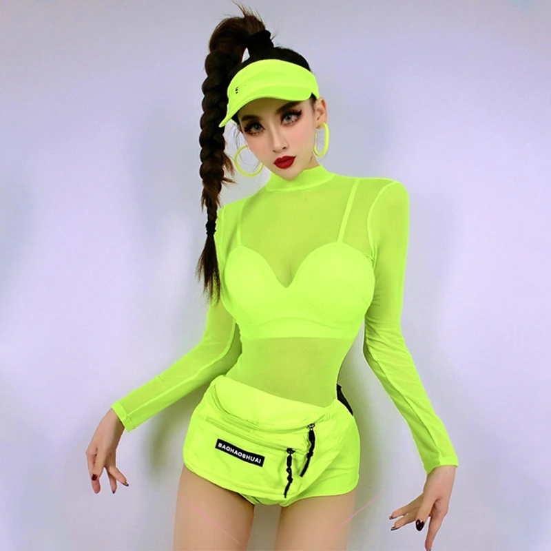 New Nightclub Bar Female Gogo Dancer Fluorescent Green Mesh Sexy Jumpsuit Bikini Jazz Pole Dance Costume Ds Dj Clothing DNV16001