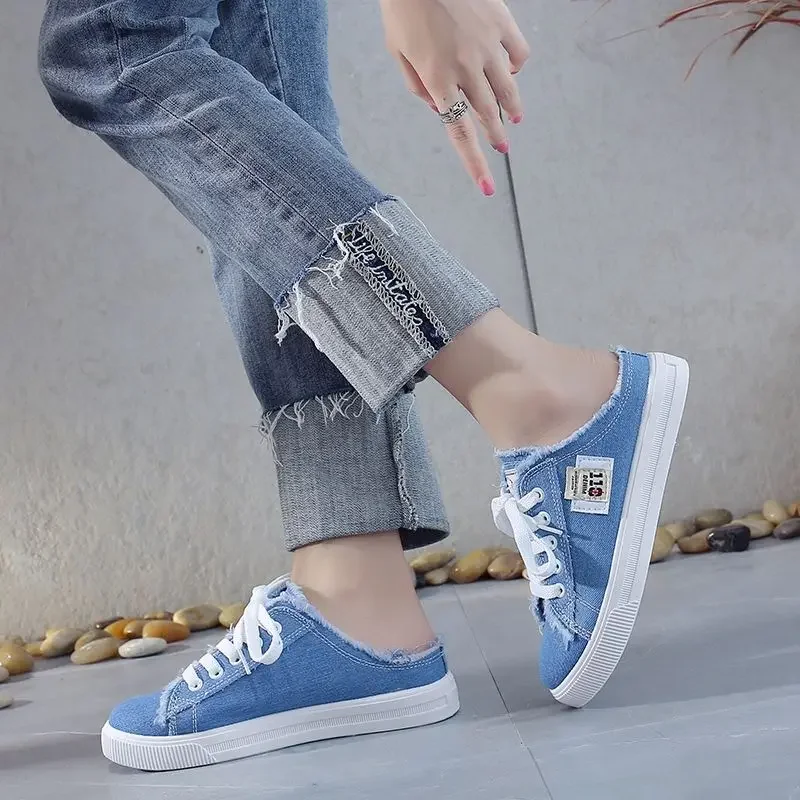 Women Denim Canvas Mule Sneakers Summer Breathable Lace‑Up Backless Slip‑On Casual Shoes Ladies Comfy Walking Outdoor Footwear