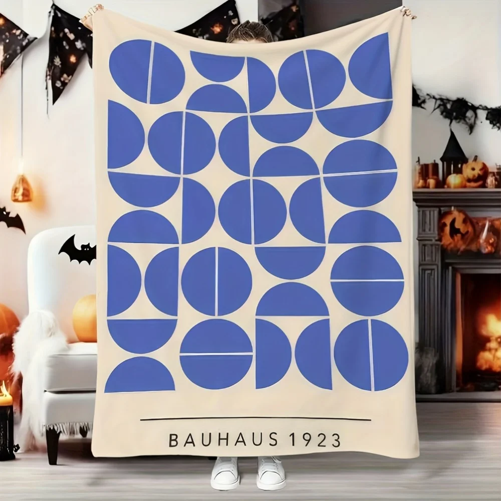 Bauhaus 1923 Geometric Flannel Throw Blanket, Blue Semi Circle Abstract Print Soft Warm Blanket for Sofa Bedroom Home Decor