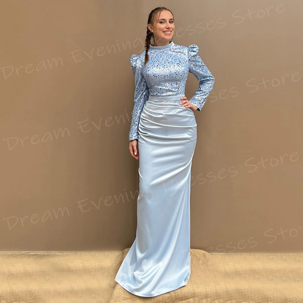 Charming Blue Mermaid Beautiful Women's Evening Dresses Modest Generous High Neck Long Sleeve Prom Gowns Beaded Vestido De Noche