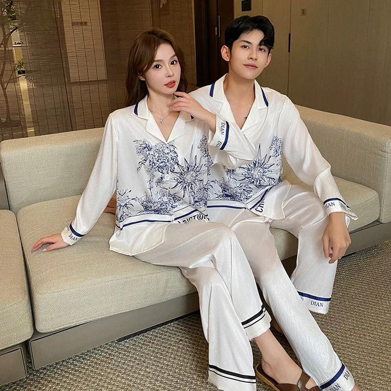 Cold silk pajamas couple suit men's spring and autumn long sleeve long pants thin women's internet celebrity explosion home wear