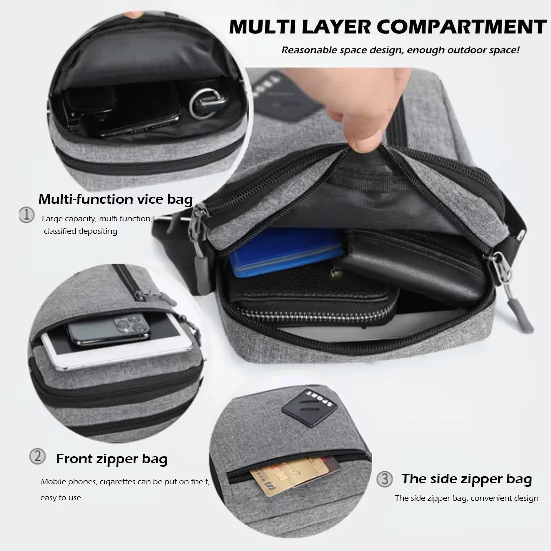 Herren-Umhängetasche, leichte, lässige Sling-Tasche mit mehreren Reißverschlusstaschen für Reisen, Arbeit und den täglichen Gebrauch – Detail 5