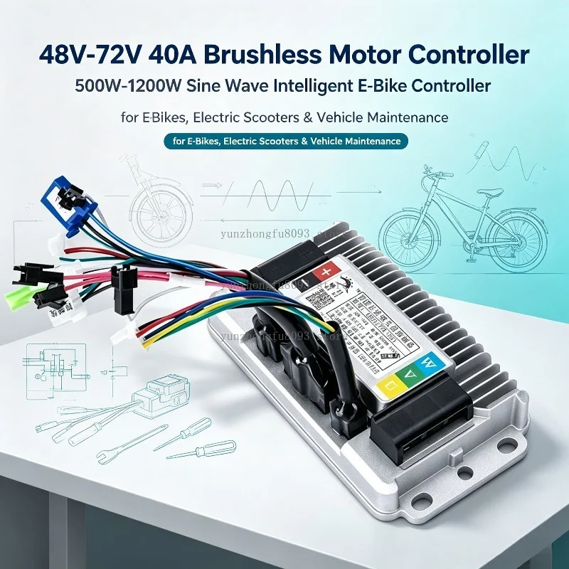 48V-72V 40A 500W-1200W Brushless Motor Controller, Sine Wave Intelligent E-Bike Controller for Electric Vehicles