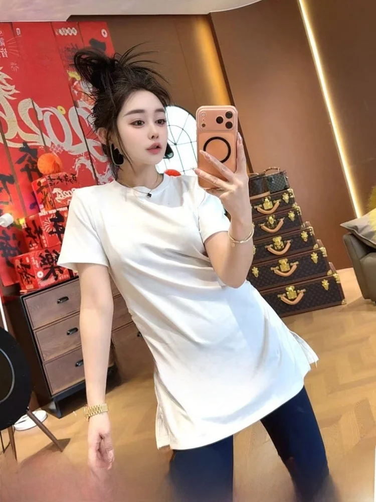 Simple White Asymmetrical Loose Women's T-shirt Short Sleeve Tag Removed Commute Style Korean Version Slim Fit Summer Top