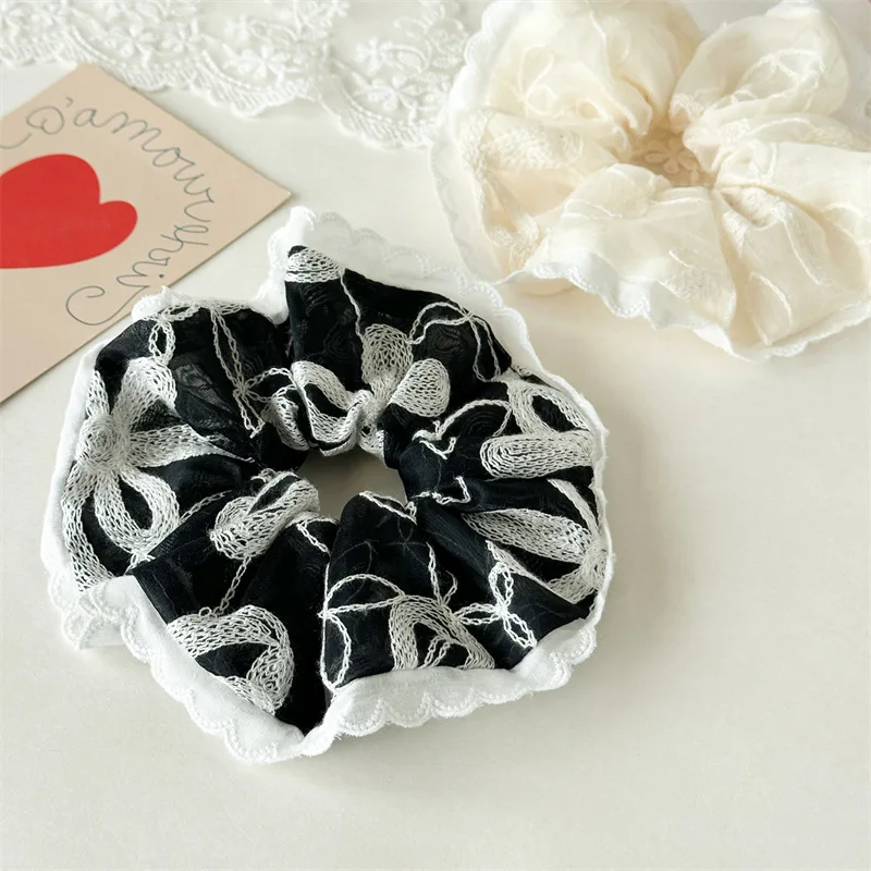 

Korean Retro Embroidered Lace Flower Bow Fabric Elastic Scrunchie Simple Fashion Ponytail Hair Band Hair tie Hair Accessories