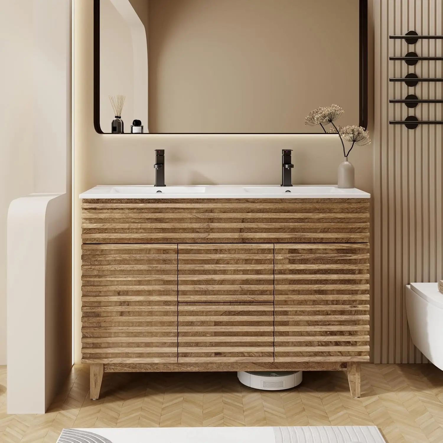 Mid-Century Bathroom Vanity with Sink, Wood Stripes Cabinet, Adjustable Shelf, Undermount Dual Sink Faucet Drain, Light Walnut,