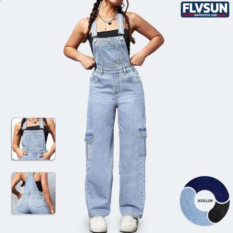 Flvsun Women's Denim Wide Leg Cargo Jumpsuit Loose Fit Bib Casual Comfortable Stretchy Spring Summer Autumn Denim Jeans