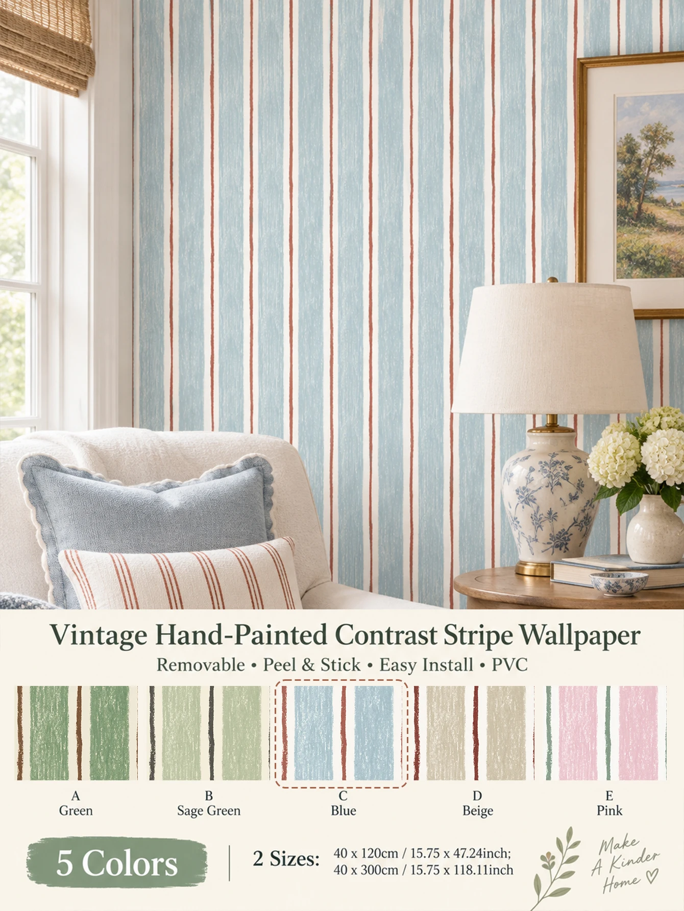 American Vintage Hand-Painted Thin Stripe Peel and Stick Wallpaper, PVC Removable Self-Adhesive Wall Covering for Home Decor