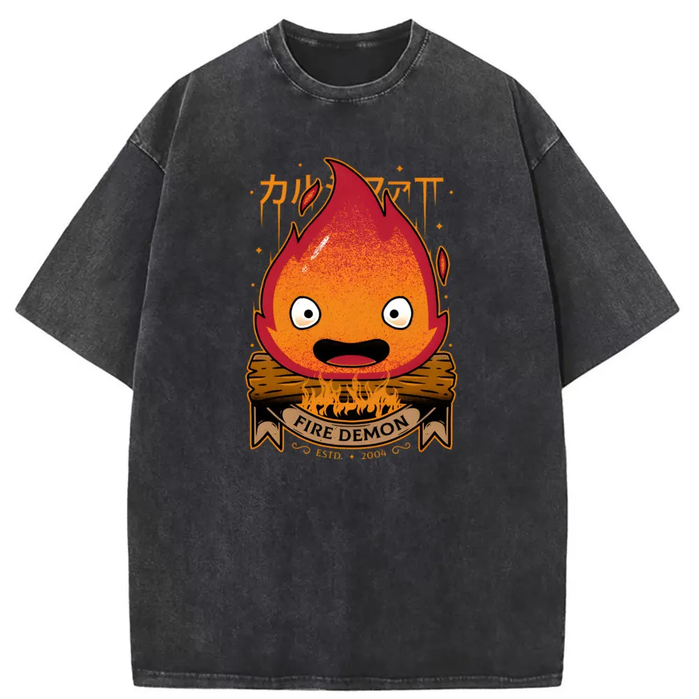 Calcifer-Camiseta de demonio para niños, camiseta lavada de Hip Hop, sudaderas Retro para niños, manga larga, estilo familiar, ropa de calle