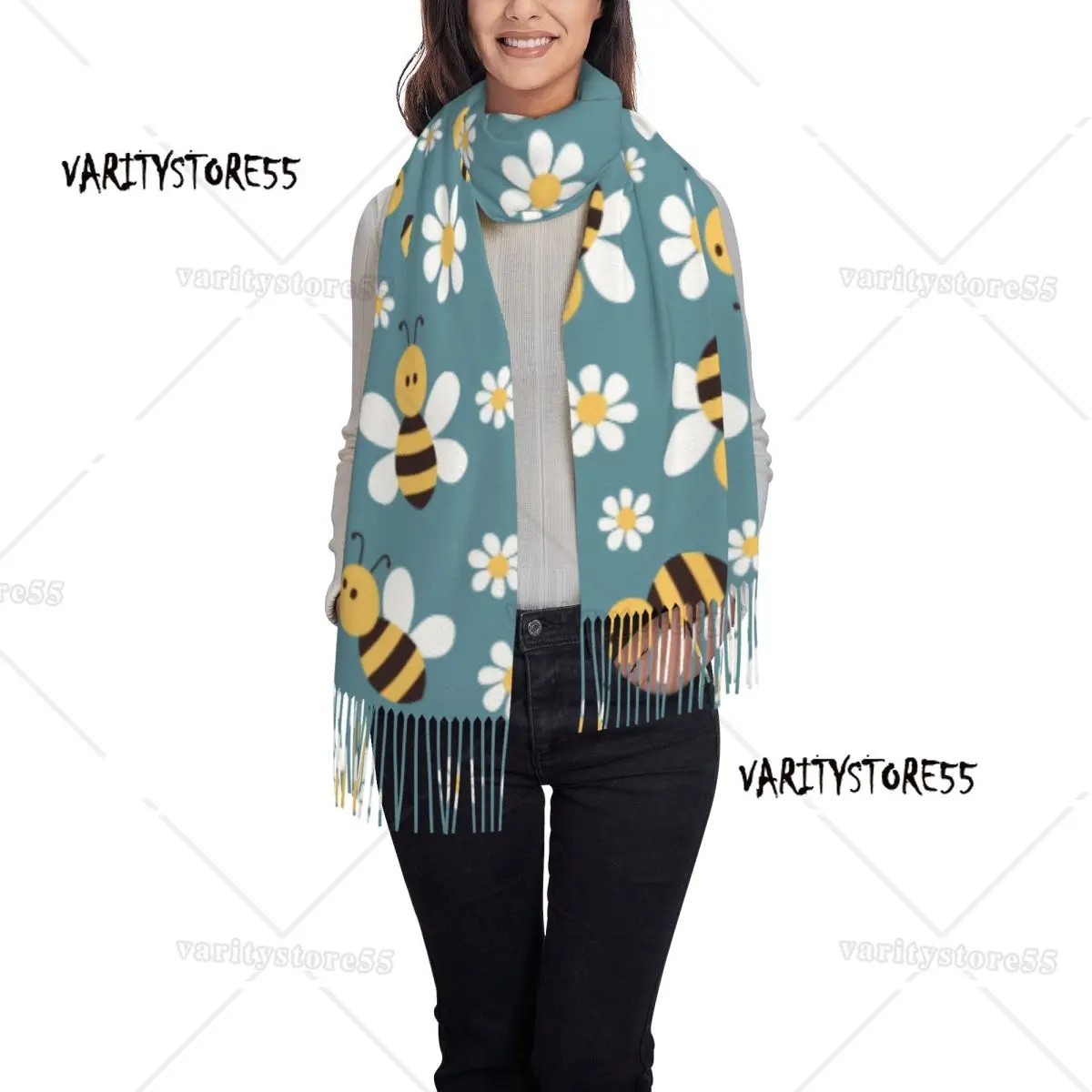 Custom Printed Cartoon Bee And Daisy Flower Pattern Scarf Women Men Winter Fall Warm Scarves Shawls Wraps