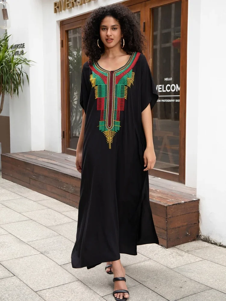 

2024 Summer Colorful Embroidered V Neck Loose Long Dress For Womens Clothing Bohemian Relaxed Vacation House Dresses Q1660