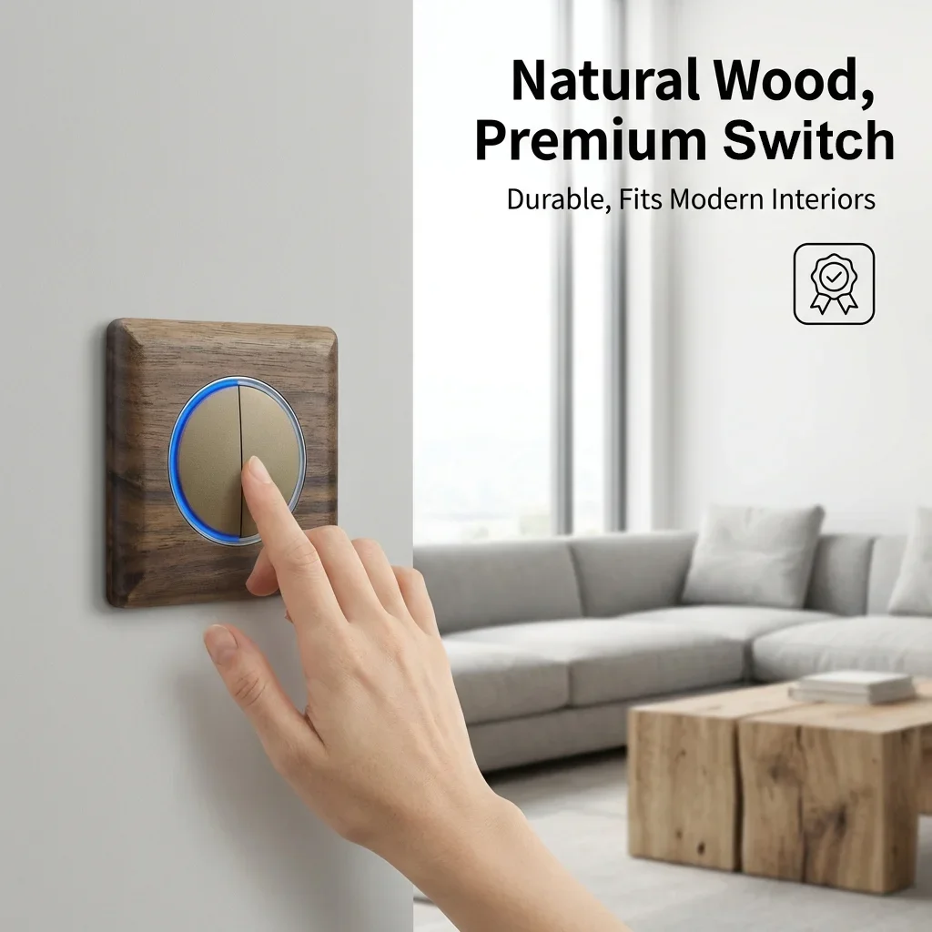 EU Wall Switch 1/2/3/4 Gang Solid Wood Plate Blue Led Round Button Light Switch Ac110 250v image 3