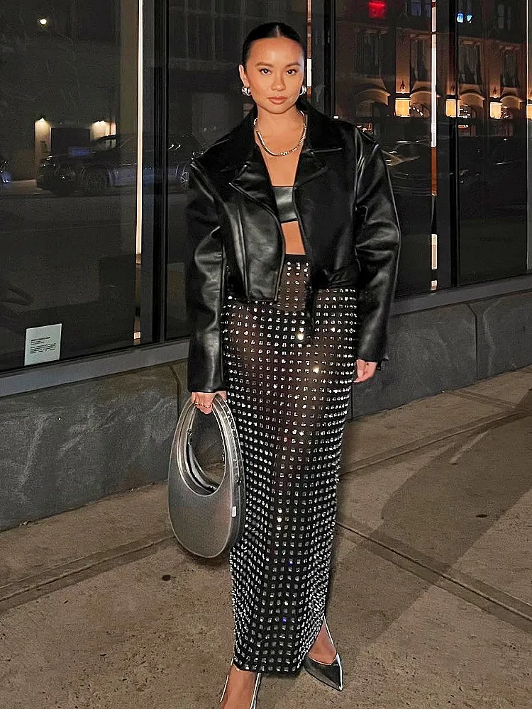 New Arrival Shining Square Diamonds Sexy Mesh See Through Black Long Skirt Fashion Woman High Street Wear Evening Party Outfit