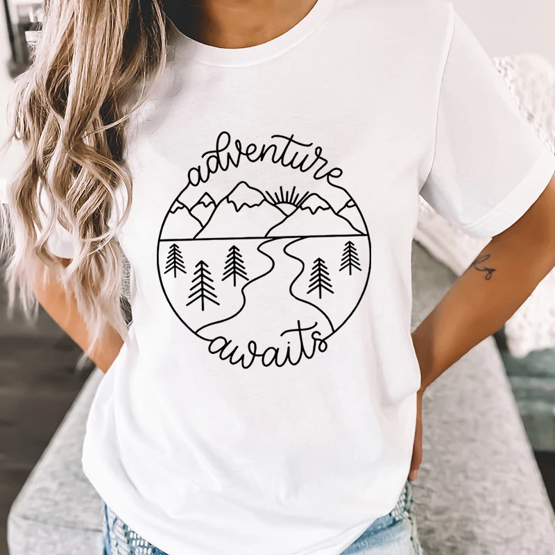 Adventure Awaits Outdoor Graphic T Shirts Women Mountain Nature Lover Gift Crew Neck Short Sleeve T-shirt Adventure Classic Tops