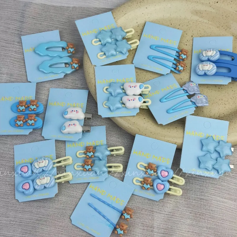 

Cute Animal Blue Bear Hair Clip with Heart Cloud Bow Duckbill Design Non-Slip Grip for Girls Side Bangs Daily School Use