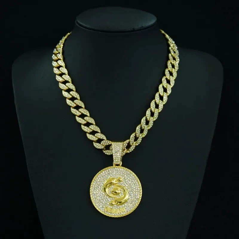 Hot Sale Gemini Zodiac Pendant Necklace, Round Disk Cuban Chain, Symbol of Quick-Witted Gemini Hip-Hop Jewelry for Men and Women