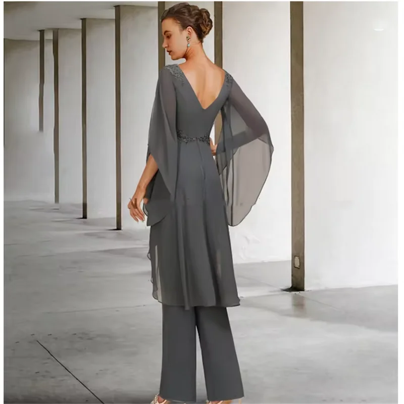 

Новое платье для матери невесты с жемчужным вырезом, комбинезон из шифона с оборками и аппликациями, вечерние платья, Vestidos Mae Da Noiva по индивидуальному заказу