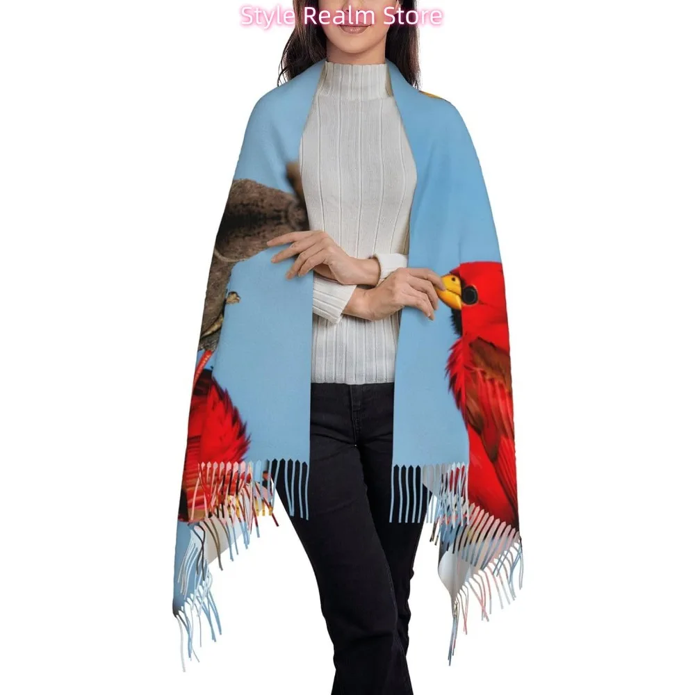 Beautiful Red Bird Print Polyester Scarf Breathable Fashion Accessory For Travel And Everyday Wear