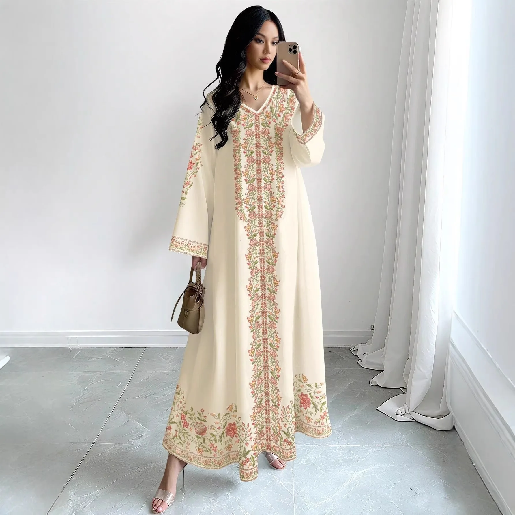 

Богемное платье макси с цветочной вышивкой цвета слоновой кости, V-образным вырезом, длинными рукавами, свободного кроя, элегантное, повседневное, для вечеринок и торжественных мероприятий