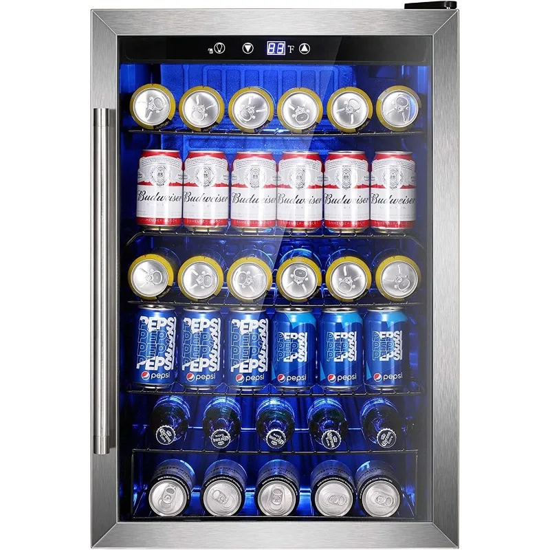 Refrigerador independiente de 37 botellas con puerta de vidrio reversible de acero inoxidable, refrigerador para bebidas de 145 latas, silencioso, 4,5 pies cúbicos, plateado