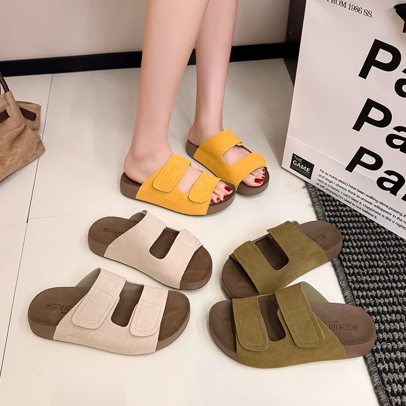 

Women Adjustable Velcro Dual Band Slide Slippers Soft Suede Sandals 3Colors Summer Beach Walking Outdoor Ladies Slip On Footwear