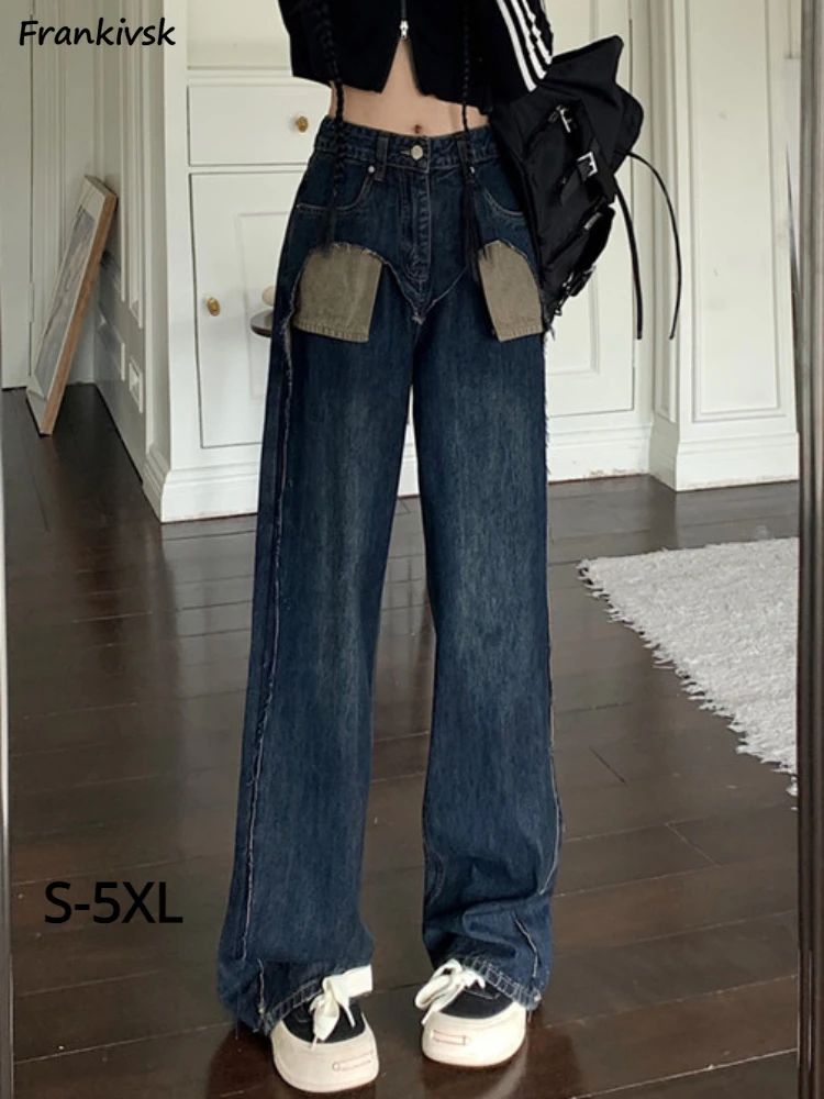 Jeans Women Summer Patch Designs Full Length Wide Leg Bleached Do Old Trousers Streetwear All-match Fashion Chic Korean Style