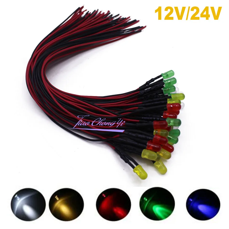 

12V 24V F5mm 2PIN LED light Diffused Frosted Emitting Diode Frosted Round Red Grenn Blue Wihte warm whtie 20cm Cable Pre-Wired