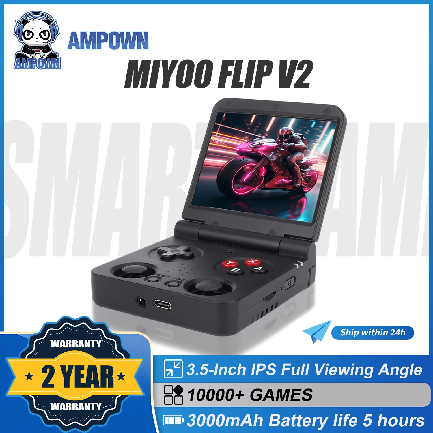 AMPOWN Miyoo Flip V2 Collapsible Handheld Game Console 3.5'' IPS Portable Video Gaming System Linux Retro Player