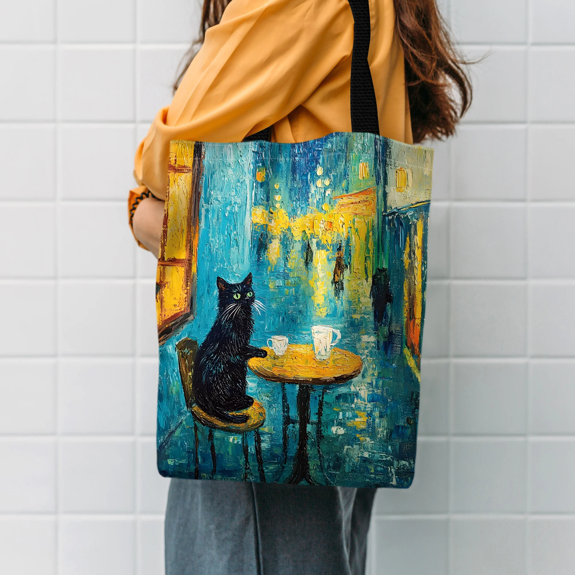 1pc of Cat-Themed Oil Painting Tote Bag, Ideal for Shopping, Affordable, Reusable, Made of Printed Polyester.